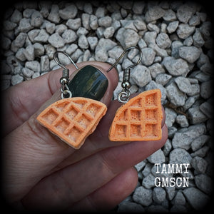 These cute little waffle earrings measure just under 4cms from tip to tip, and weigh only a few grams each.

This pair have been made on stainless steel french hooks, suitable for pierced ears.

