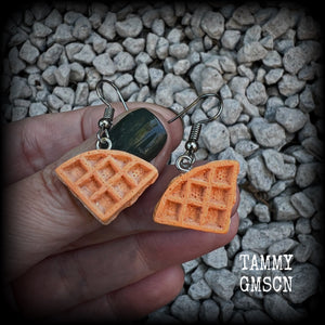 These cute little waffle earrings measure just under 4cms from tip to tip, and weigh only a few grams each.

This pair have been made on stainless steel french hooks, suitable for pierced ears.
