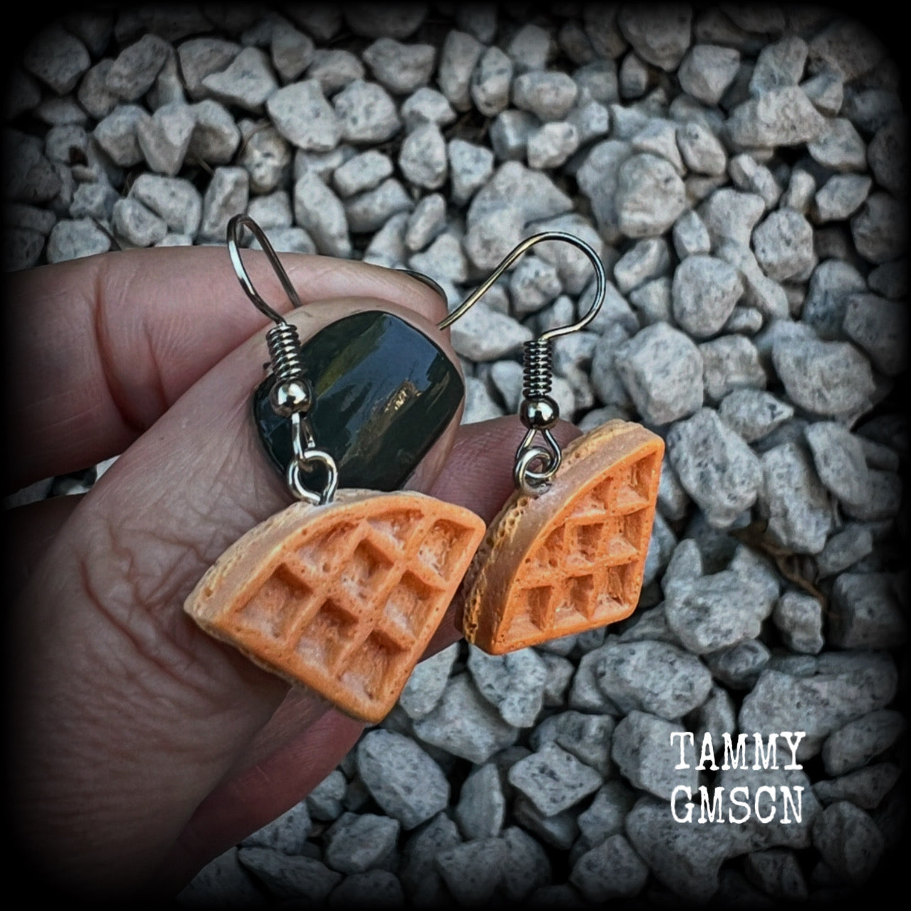 These cute little waffle earrings measure just under 4cms from tip to tip, and weigh only a few grams each.

This pair have been made on stainless steel french hooks, suitable for pierced ears.
