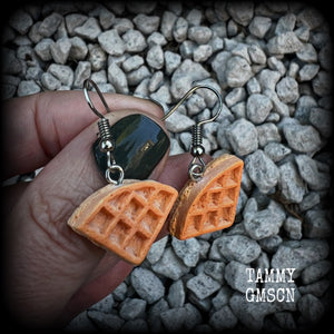 These cute little waffle earrings measure just under 4cms from tip to tip, and weigh only a few grams each.

This pair have been made on stainless steel french hooks, suitable for pierced ears.
