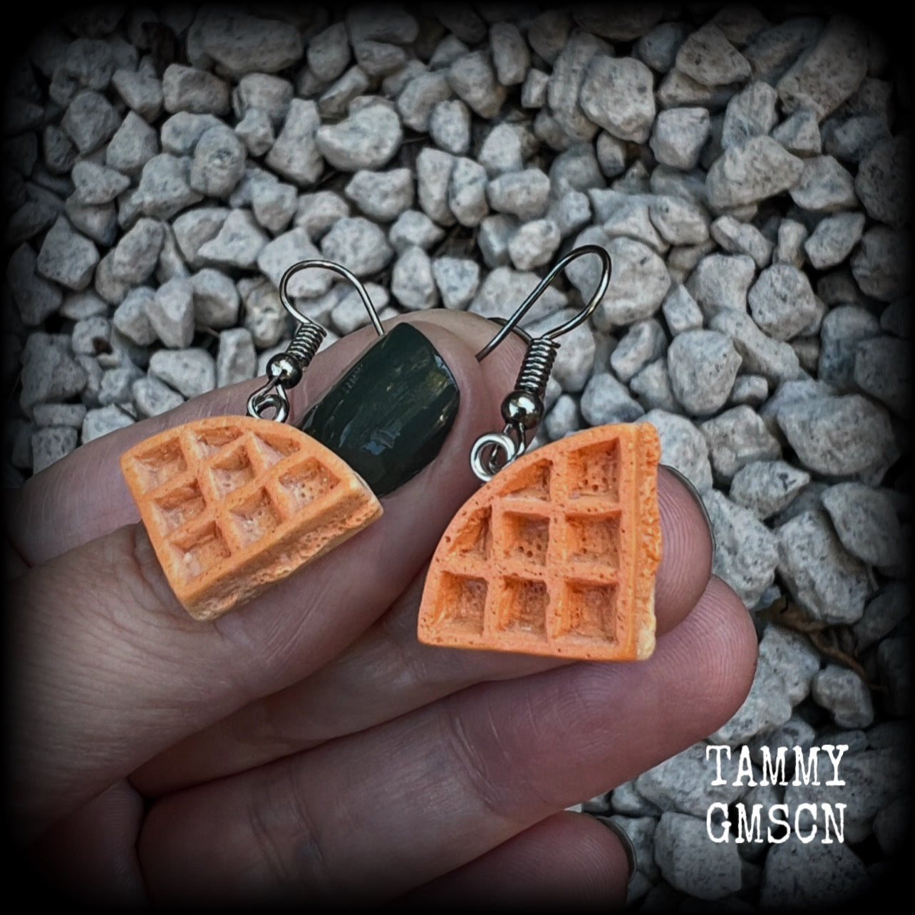 These cute little waffle earrings measure just under 4cms from tip to tip, and weigh only a few grams each.

This pair have been made on stainless steel french hooks, suitable for pierced ears.
