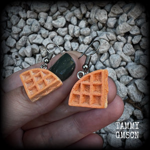 These cute little waffle earrings measure just under 4cms from tip to tip, and weigh only a few grams each.

This pair have been made on stainless steel french hooks, suitable for pierced ears.
