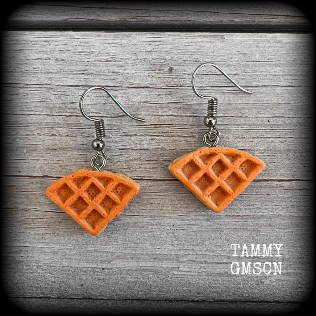 These cute little waffle earrings measure just under 4cms from tip to tip, and weigh only a few grams each.

This pair have been made on stainless steel french hooks, suitable for pierced ears.
