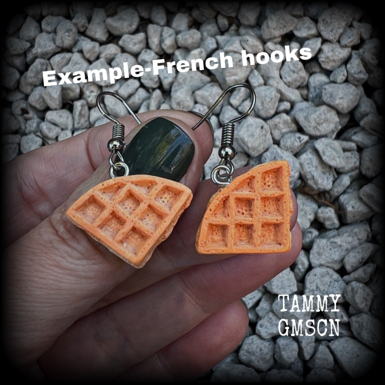 These cute little waffle earrings measure just under 4cms from tip to tip, and weigh only a few grams each.

This pair have been made on stainless steel french hooks, suitable for pierced ears.
