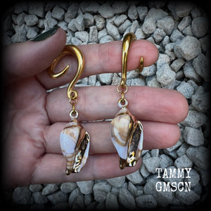 These gauged earrings feature gorgeous acrylic conch sea shells, super lightweight- weighing 10 grams each, and nice and dangly, measuring just on 7cms from tip to tip. 

These beautiful earrings have been made on 2 gauge (6mm) surgical steel full curl hooks, to be worn in stretched lobes.