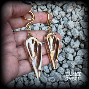 These gauged earrings feature gorgeous acrylic conch sea shell slices , super lightweight- weighing 7 grams each, and nice and dangly, measuring just over 8cm from tip to tip. 

These beautiful earrings have been made on 6 gauge (4mm) surgical steel full curl hooks, to be worn in stretched lobes.