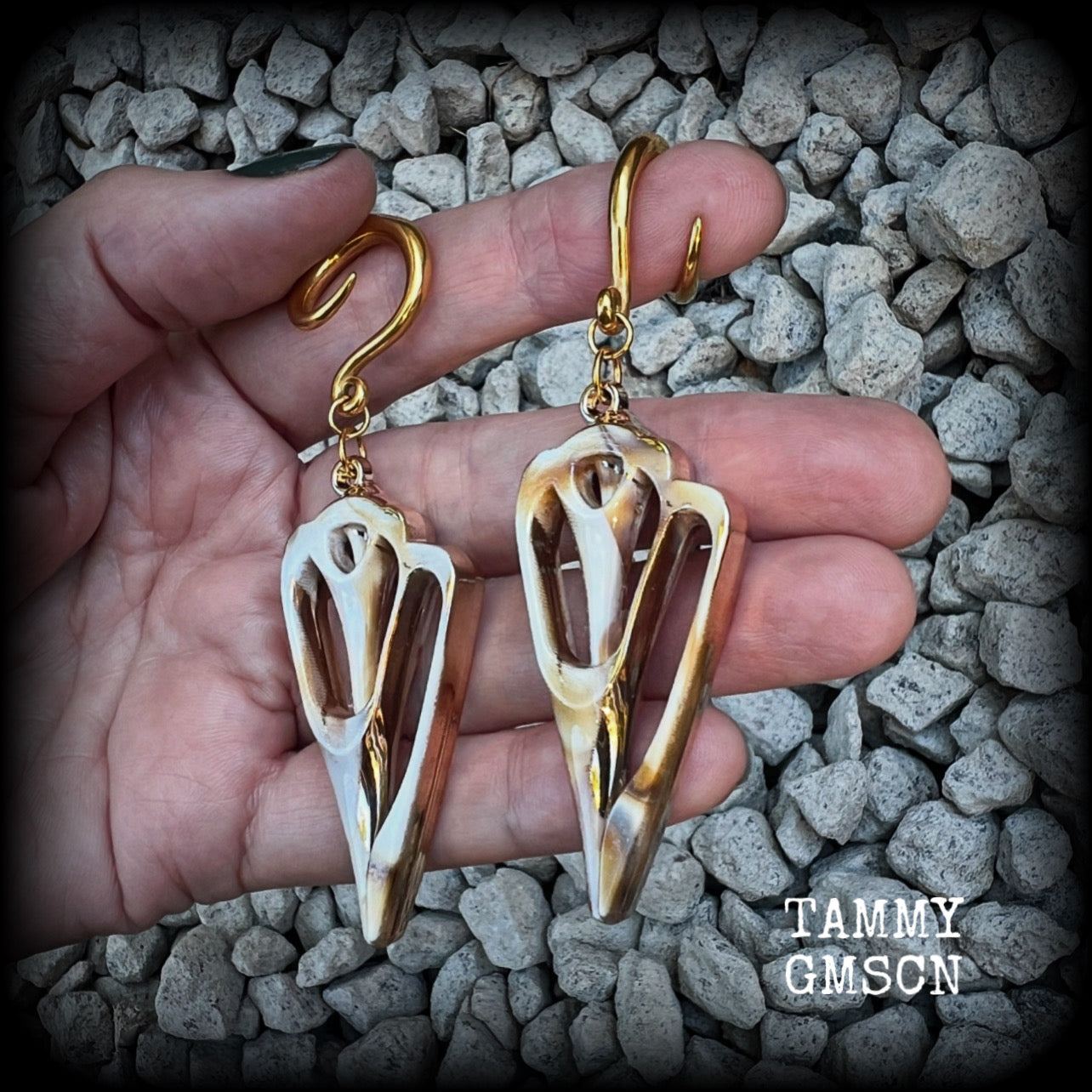 These gauged earrings feature gorgeous acrylic conch sea shell slices , super lightweight- weighing 7 grams each, and nice and dangly, measuring just over 8cm from tip to tip. 

These beautiful earrings have been made on 6 gauge (4mm) surgical steel full curl hooks, to be worn in stretched lobes.