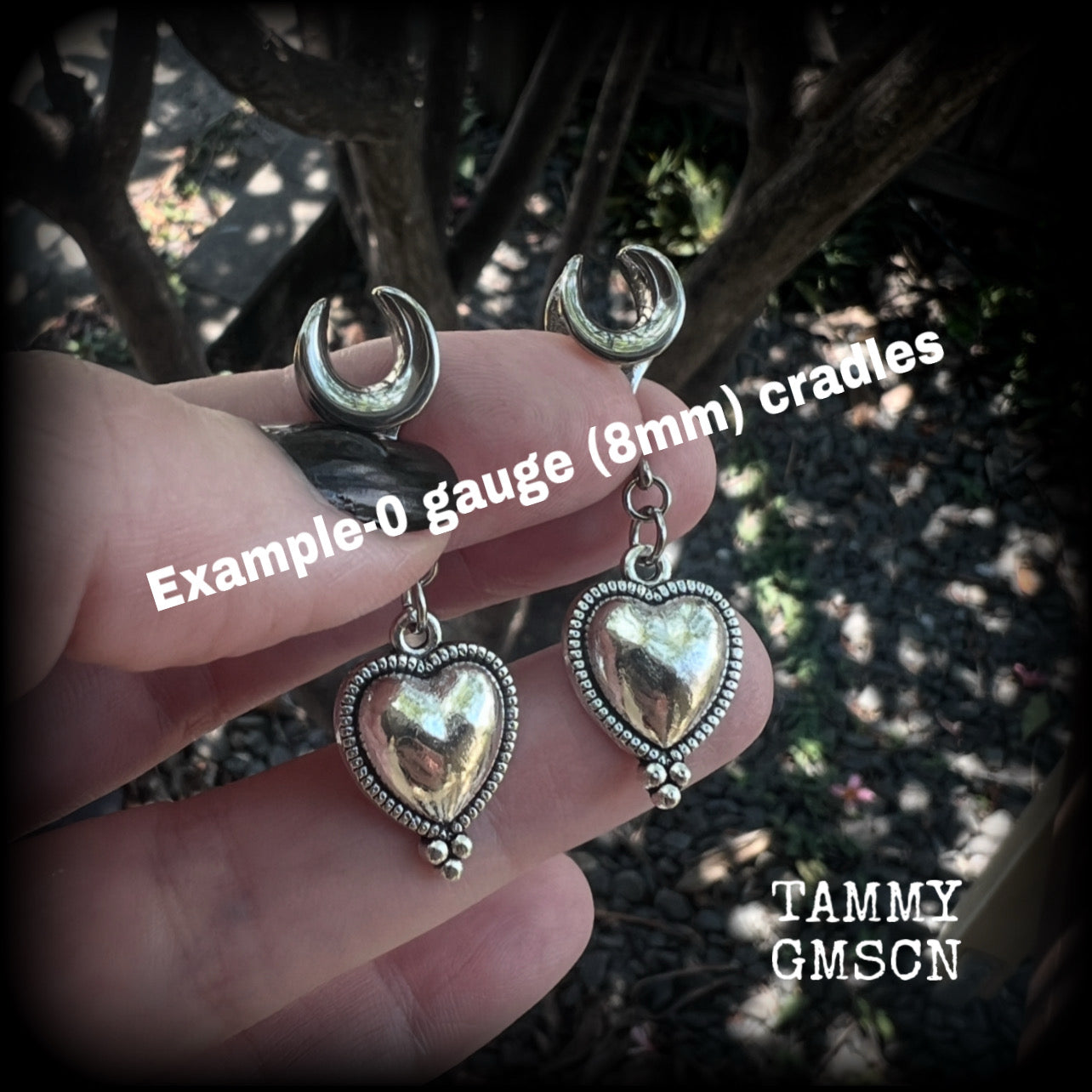 Silver heart tunnel earrings-Folk art heart ear gauges