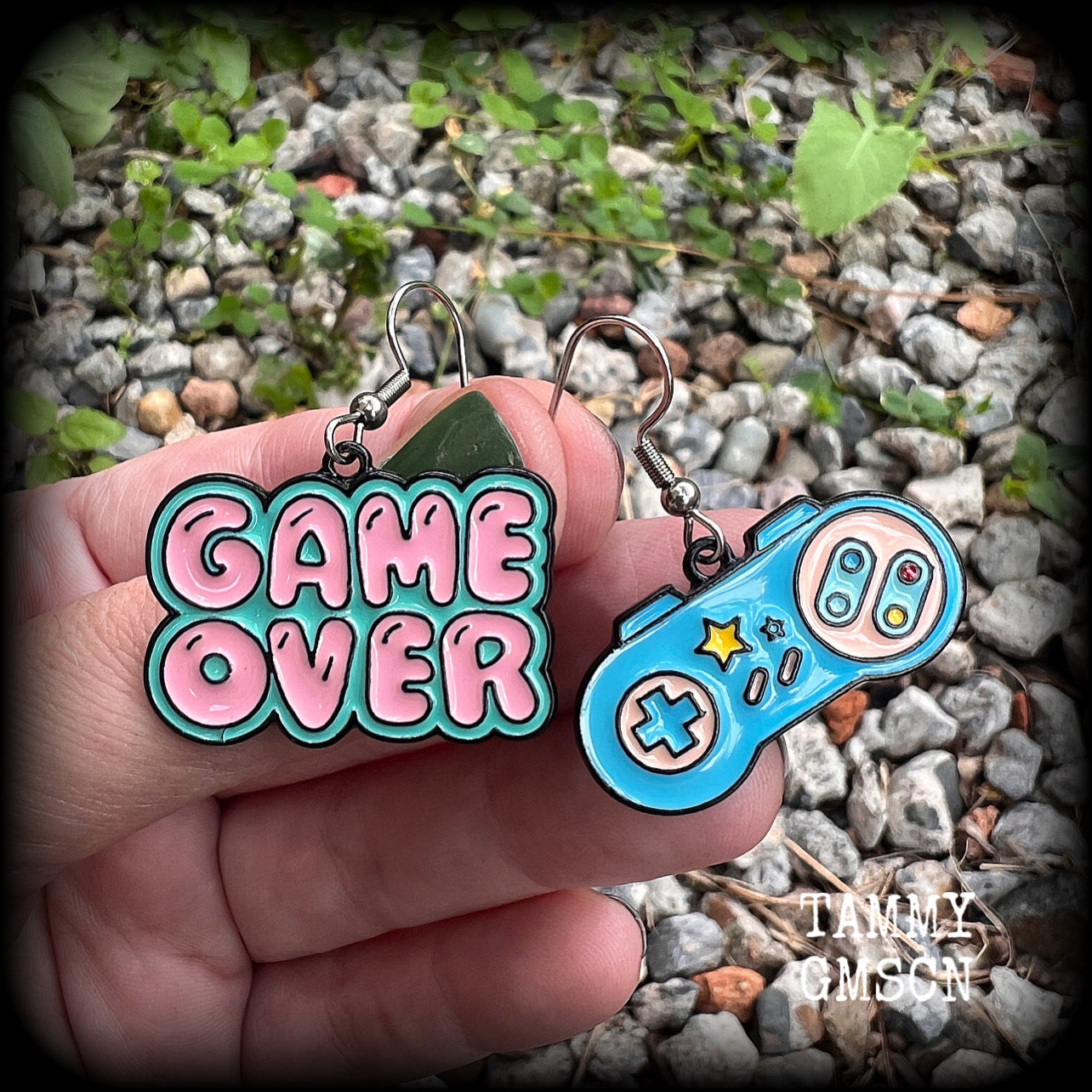 This pair of super cute ‘Game over’ gamer girl earrings measure approx 4cms from tip to tip, and weigh only a few grams each, lovely and lightweight and not too dangly.
This pair has been made with stainless steel french hooks, for pierced ears.