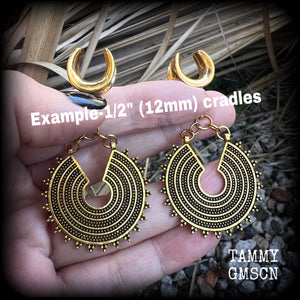 Antique gold Ishtar disc gauged earrings-Mandala ear hangers