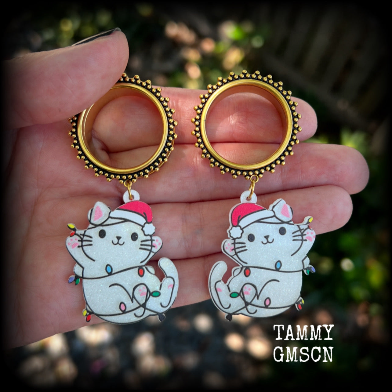 White cat in Santa hat tunnel earrings-Christmas cat earrings