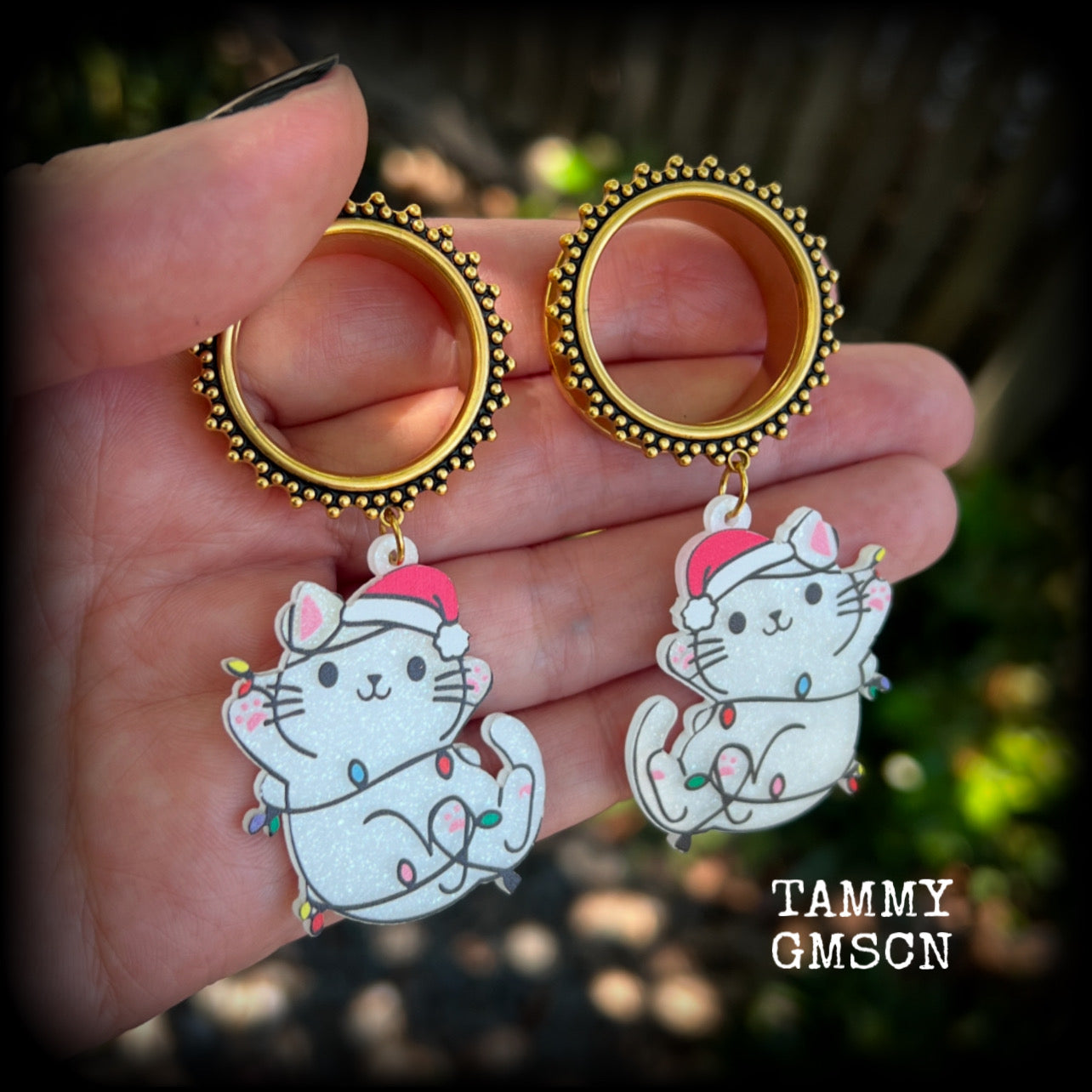 White cat in Santa hat tunnel earrings-Christmas cat earrings