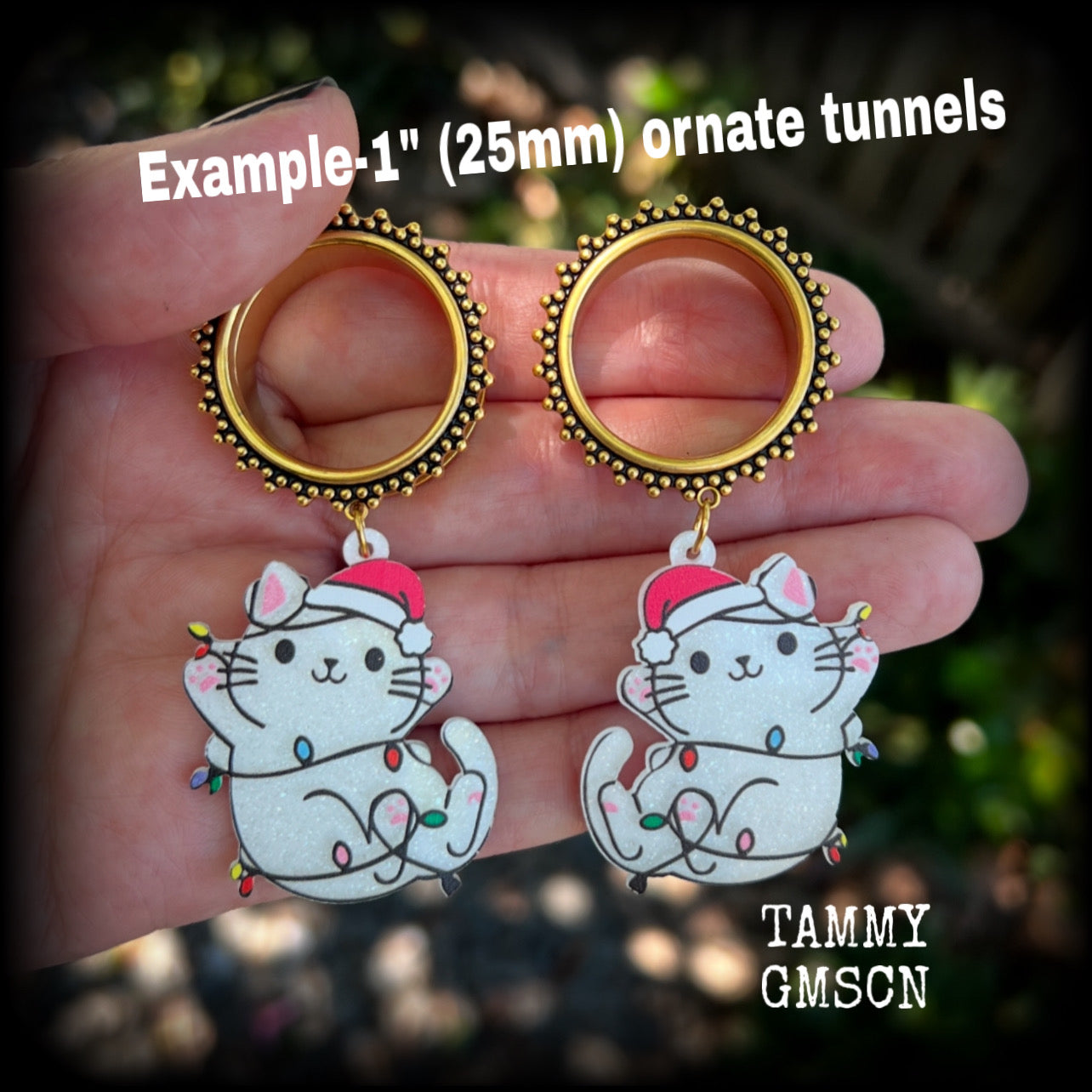 White cat in Santa hat tunnel earrings-Christmas cat earrings