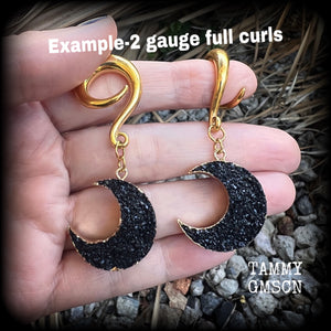 Black druzy crescent moon gauged earrings-Gemstone ear hangers