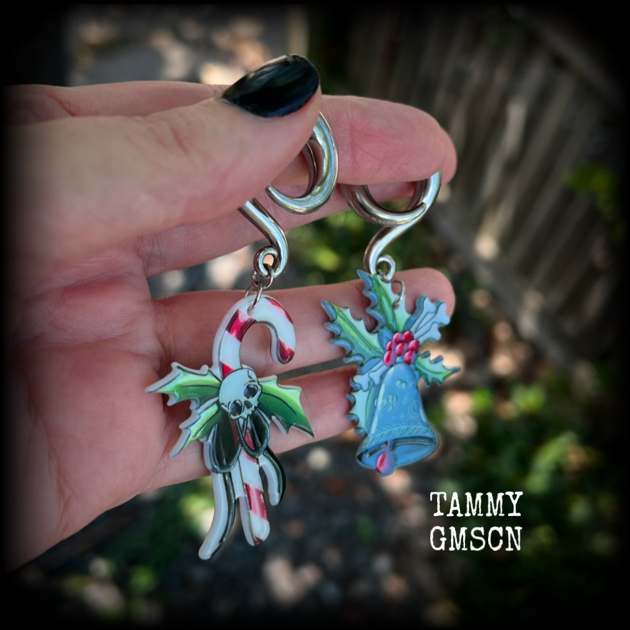 Gothic Christmas gauged earrings-Christmas ear hangers