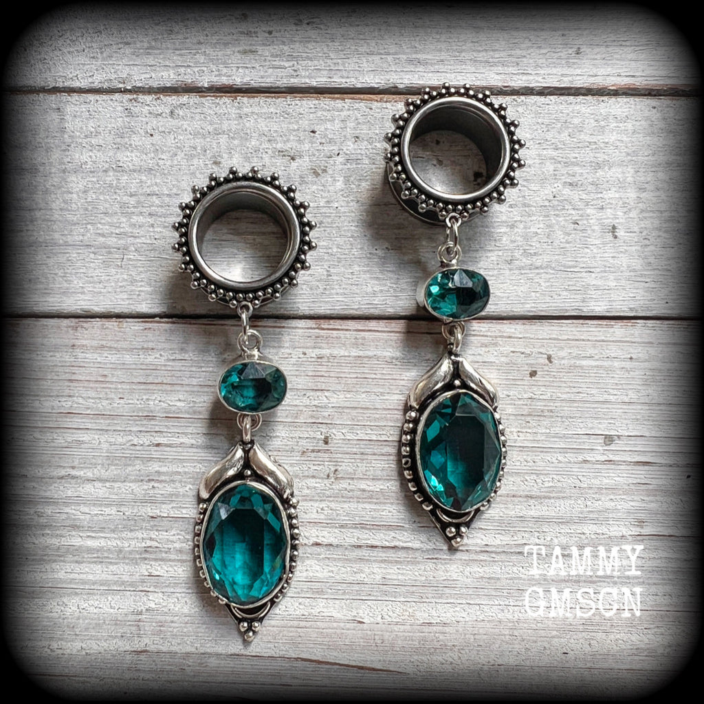 Gemstone tunnel earrings Blue topaz body jewellery Gemstone ear gauges Earrings for gauged ears Earrings for stretched lobes 16mm tunnels Tunnel dangles 