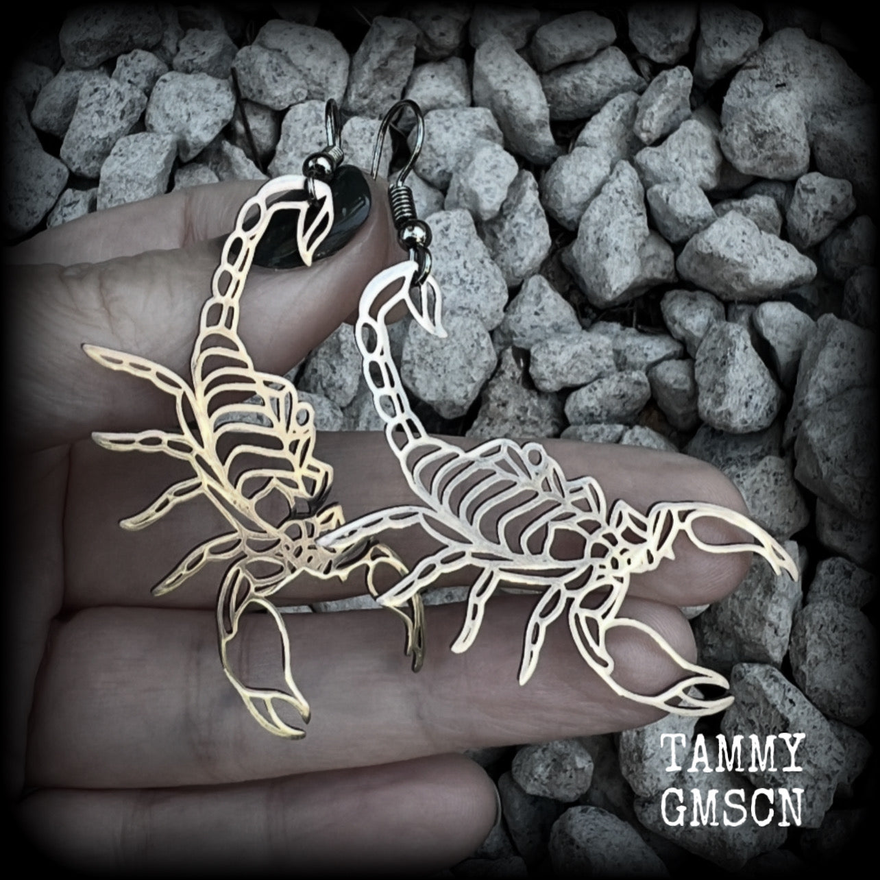 These earrings feature a gorgeous stainless steel desert scorpion, measuring 7cms from tip to tip, and super lightweight at only a few grams each.

This pair have been made with stainless steel french hooks, suitable for pierced ears.

