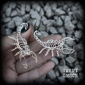 These earrings feature a gorgeous stainless steel desert scorpion, measuring 7cms from tip to tip, and super lightweight at only a few grams each.

This pair have been made with stainless steel french hooks, suitable for pierced ears.
