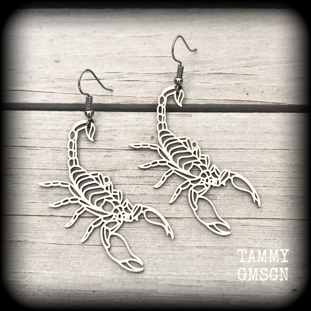 These earrings feature a gorgeous stainless steel desert scorpion, measuring 7cms from tip to tip, and super lightweight at only a few grams each.

This pair have been made with stainless steel french hooks, suitable for pierced ears.
