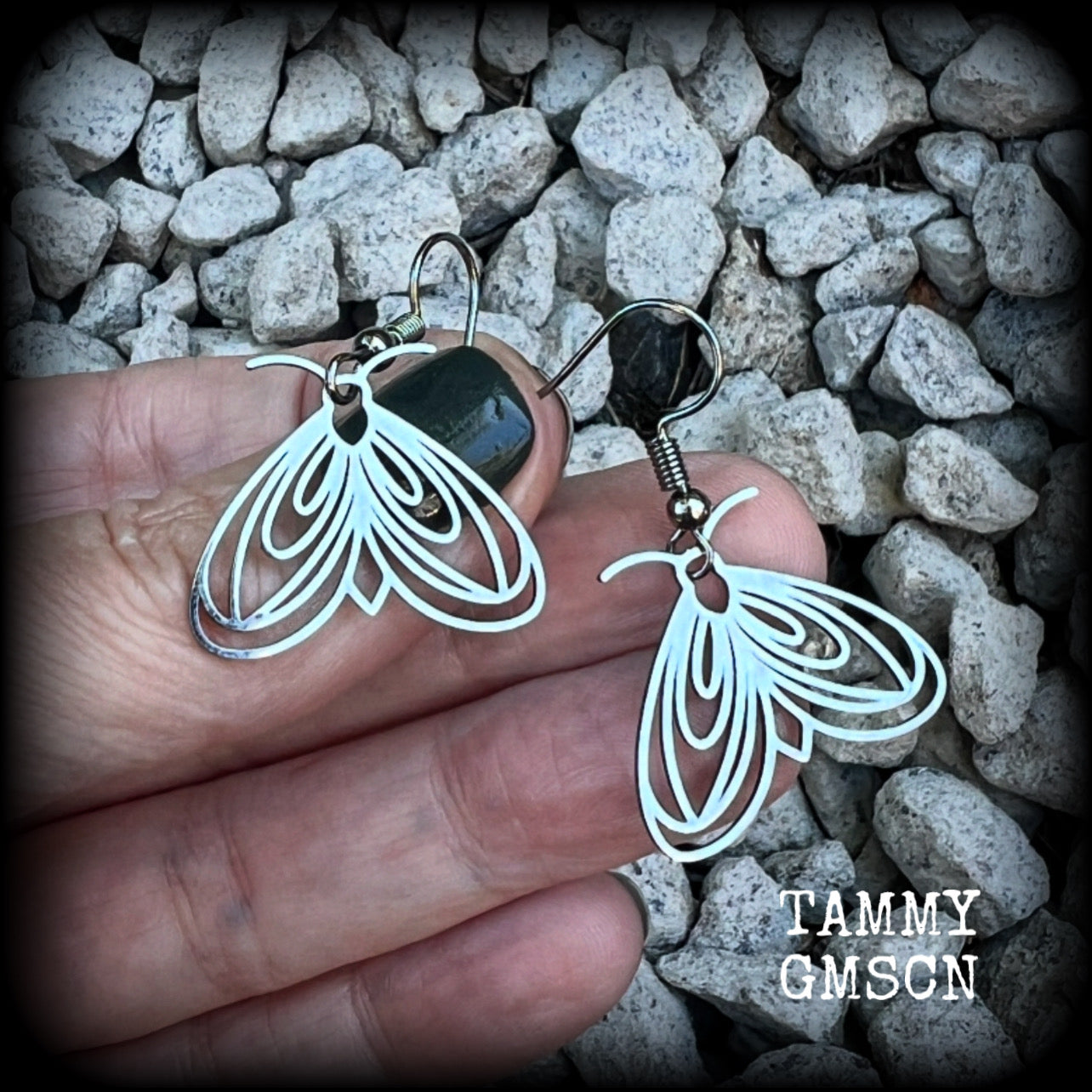 These earrings feature a beautiful stainless steel moth, measuring just under 4cms from tip to tip, and super lightweight at only a few grams each.

This pair have been made with stainless steel french hooks, suitable for pierced ears.