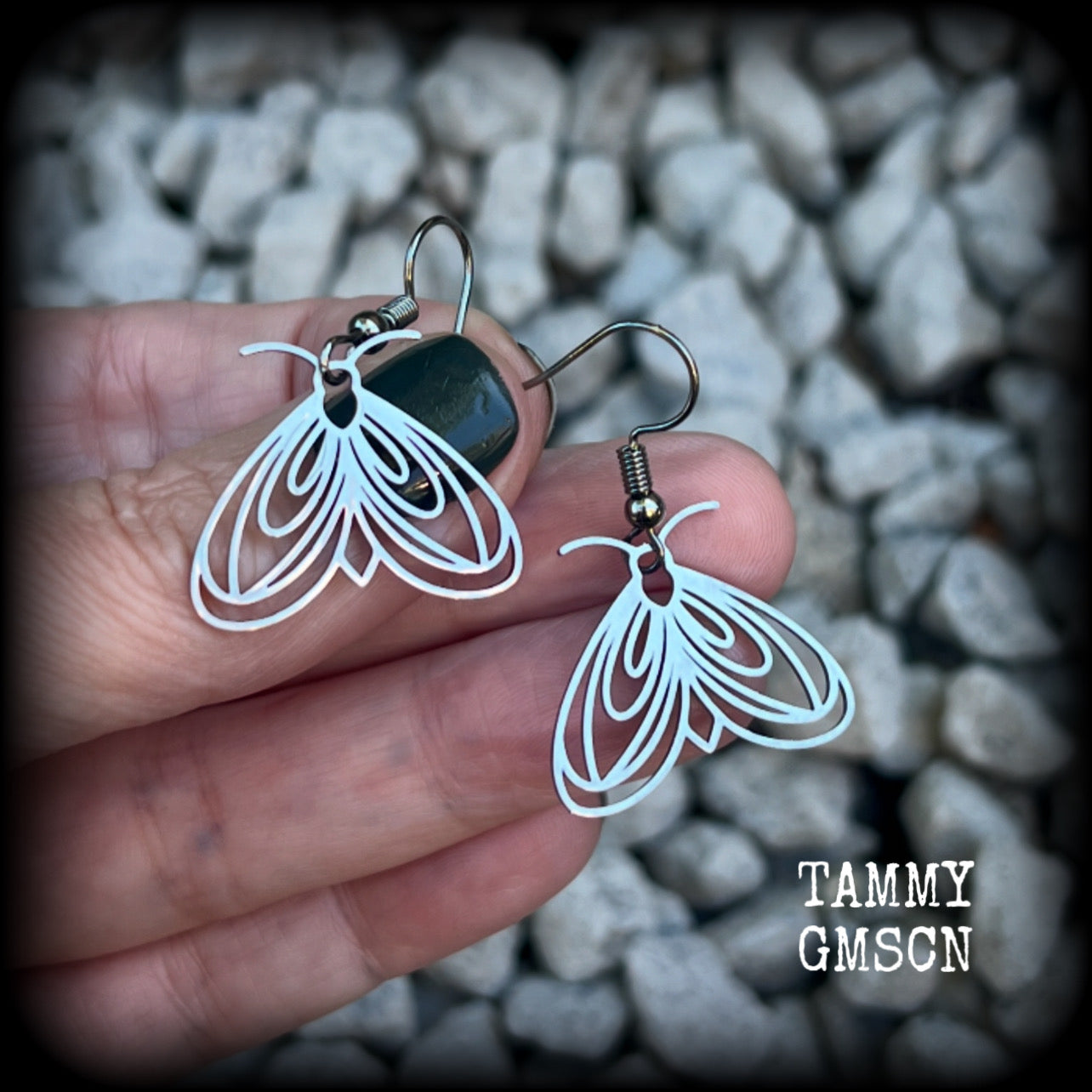 These earrings feature a beautiful stainless steel moth, measuring just under 4cms from tip to tip, and super lightweight at only a few grams each.

This pair have been made with stainless steel french hooks, suitable for pierced ears.