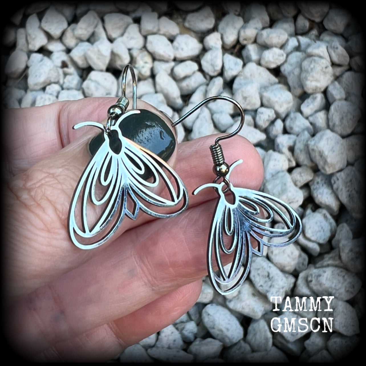 These earrings feature a beautiful stainless steel moth, measuring just under 4cms from tip to tip, and super lightweight at only a few grams each.

This pair have been made with stainless steel french hooks, suitable for pierced ears.