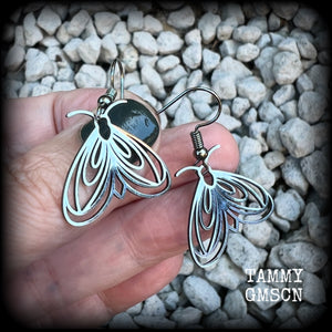 These earrings feature a beautiful stainless steel moth, measuring just under 4cms from tip to tip, and super lightweight at only a few grams each.

This pair have been made with stainless steel french hooks, suitable for pierced ears.