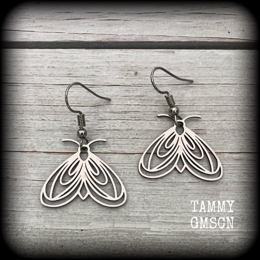 These earrings feature a beautiful stainless steel moth, measuring just under 4cms from tip to tip, and super lightweight at only a few grams each.

This pair have been made with stainless steel french hooks, suitable for pierced ears.