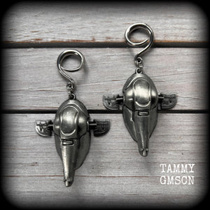 Featuring big beautiful Boba Fett Slave One spaceships, these gauged earrings weigh approx 40 grams each and measure just under 9cms from tip to tip, a must have for any Star Wars fan!

This pair has been made on 6 gauge (4mm) surgical steel full curls, to be worn in stretched lobes.