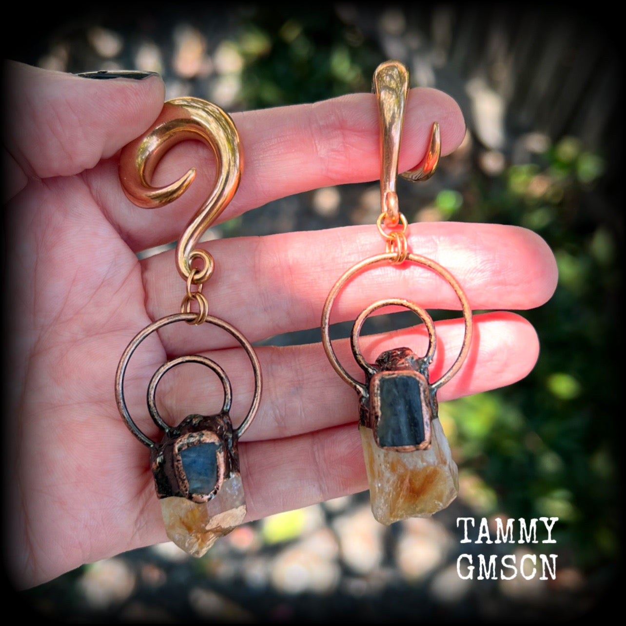 Citrine and labradorite gauged earrings-Gemstone ear weights