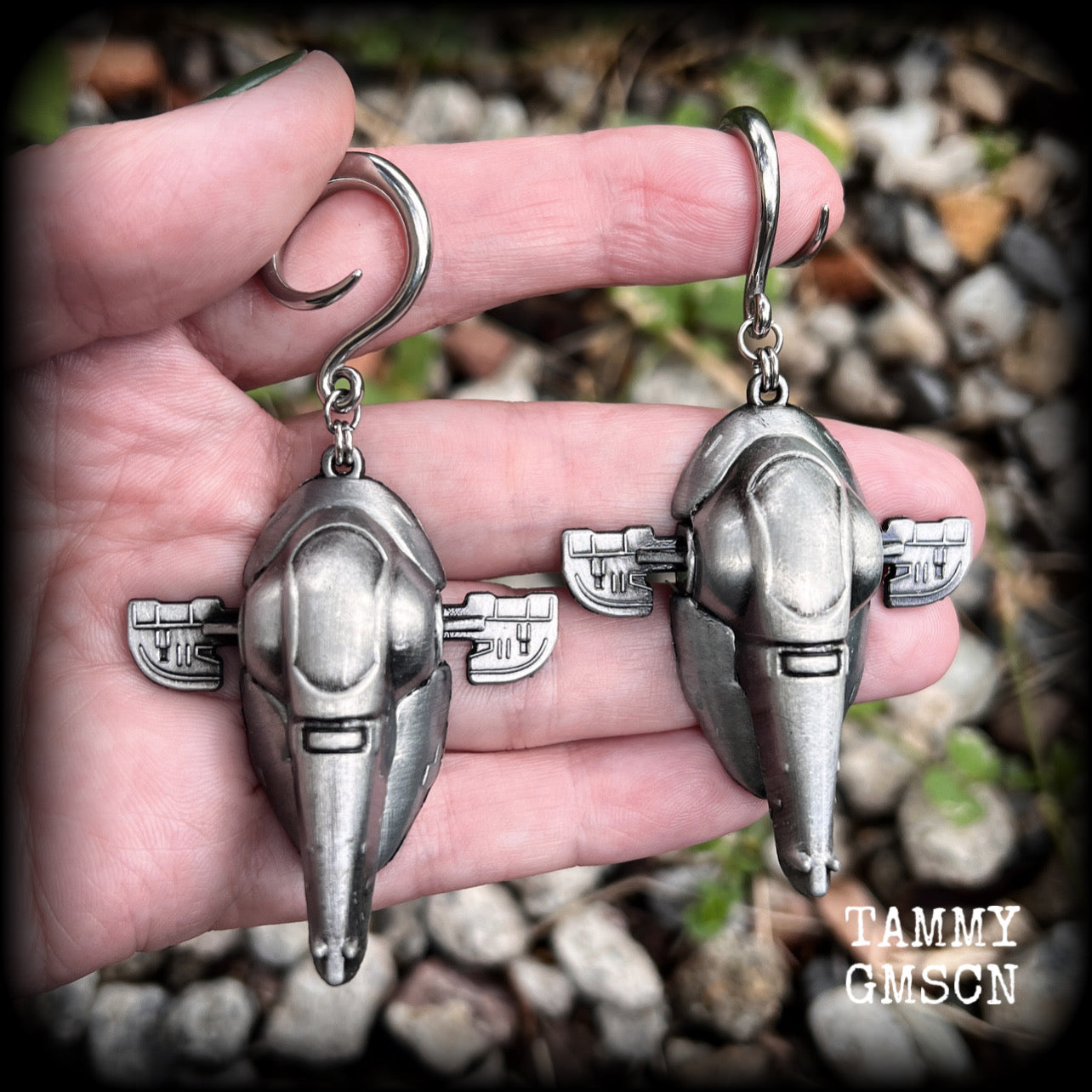 Featuring big beautiful Boba Fett Slave One spaceships, these gauged earrings weigh approx 40 grams each and measure just under 9cms from tip to tip, a must have for any Star Wars fan!

This pair has been made on 6 gauge (4mm) surgical steel full curls, to be worn in stretched lobes.