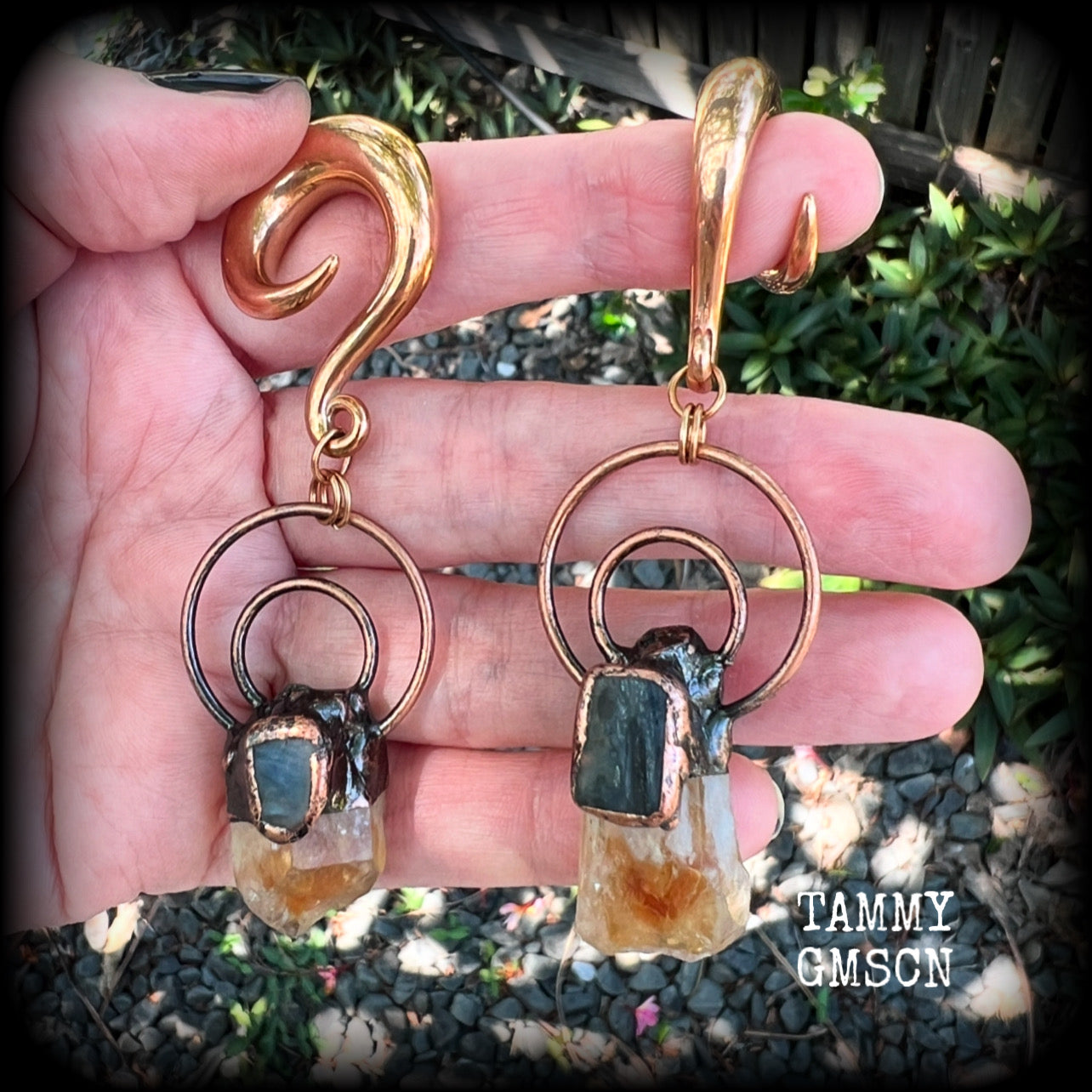 Citrine and labradorite gauged earrings-Gemstone ear weights