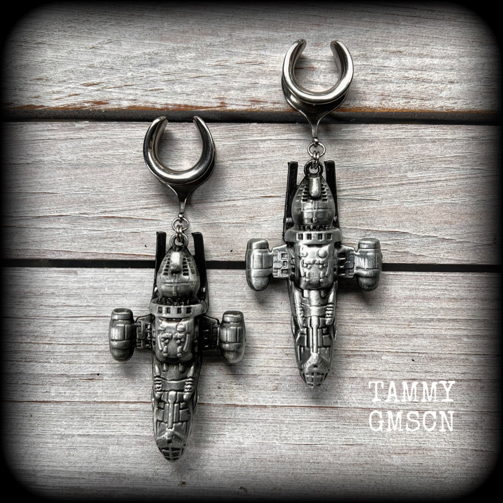 Featuring big beautiful Firefly Serenity vessel spaceships, these gauged earrings weigh approx 45 grams each and measure just over 9cms from tip to tip, a must have for any Firefly fan!

This pair has been made on 5/8” gauge (16mm) surgical steel cradles, to be worn in stretched lobes.