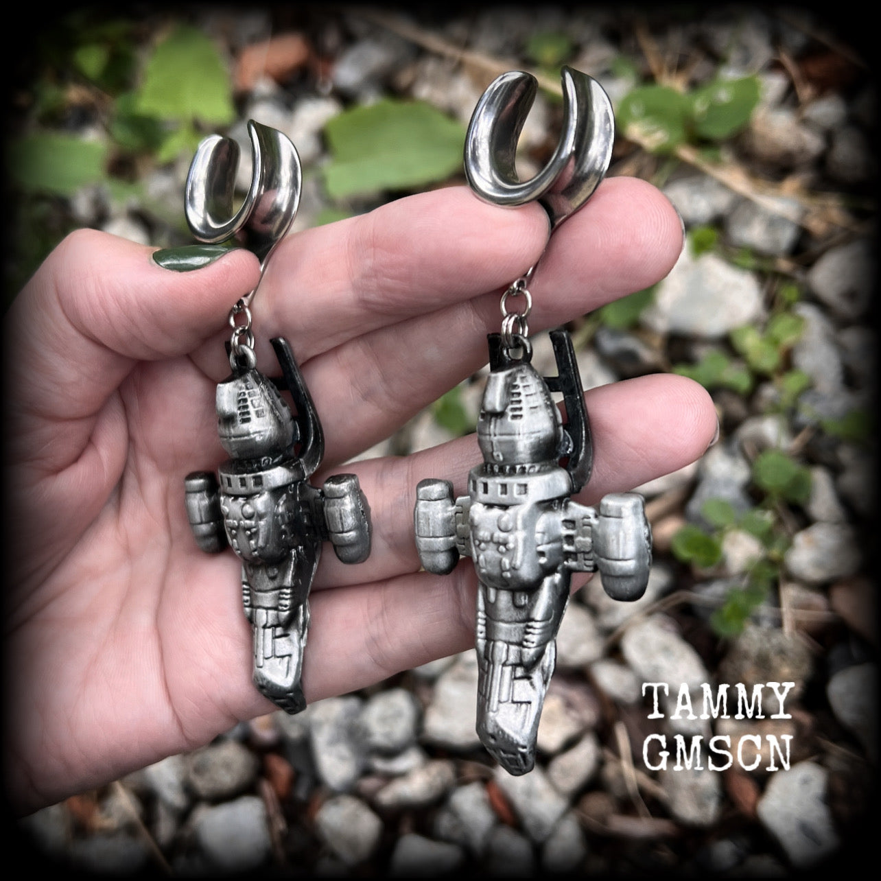 Featuring big beautiful Firefly Serenity vessel spaceships, these gauged earrings weigh approx 45 grams each and measure just over 9cms from tip to tip, a must have for any Firefly fan!

This pair has been made on 5/8” gauge (16mm) surgical steel cradles, to be worn in stretched lobes.