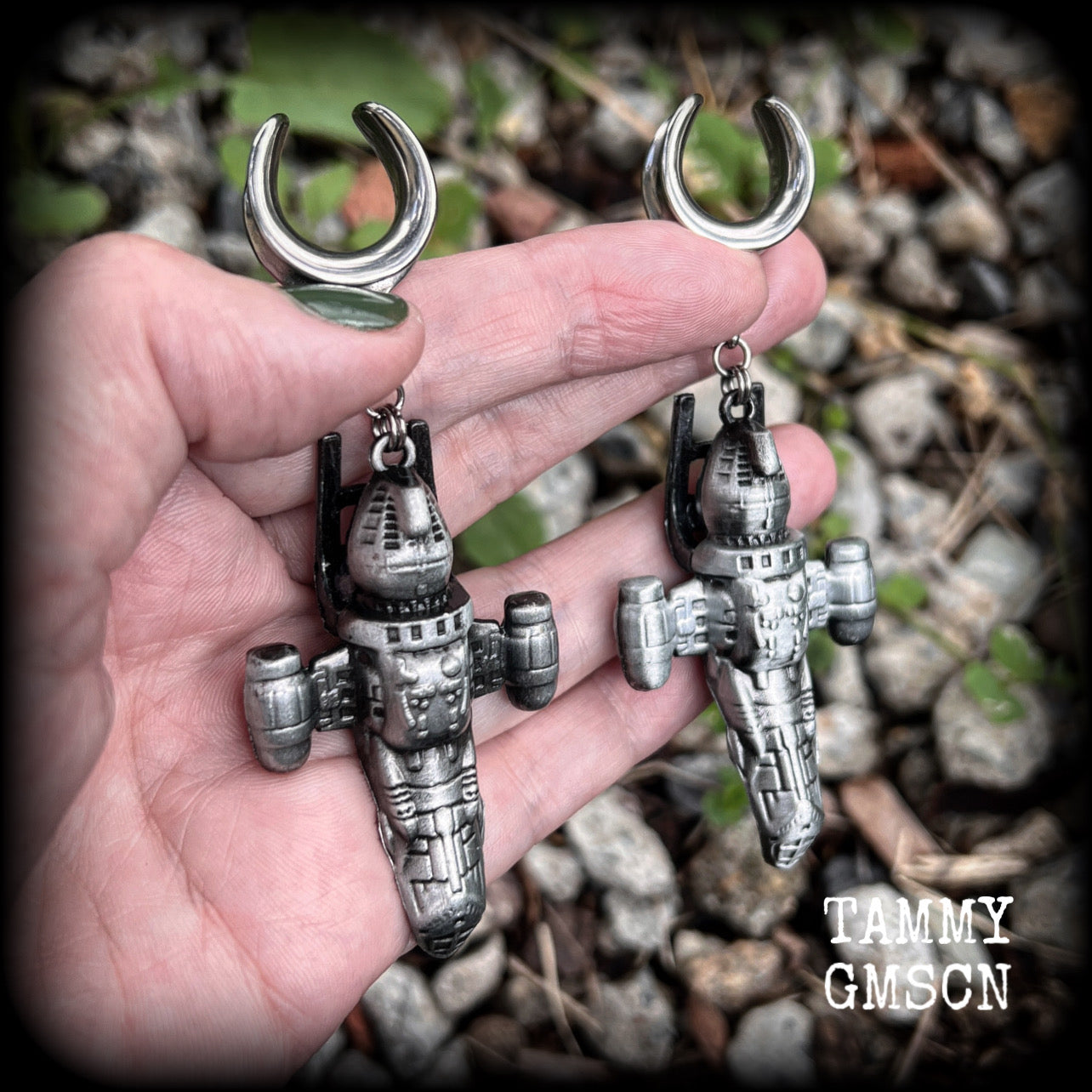 Featuring big beautiful Firefly Serenity vessel spaceships, these gauged earrings weigh approx 45 grams each and measure just over 9cms from tip to tip, a must have for any Firefly fan!

This pair has been made on 5/8” gauge (16mm) surgical steel cradles, to be worn in stretched lobes.