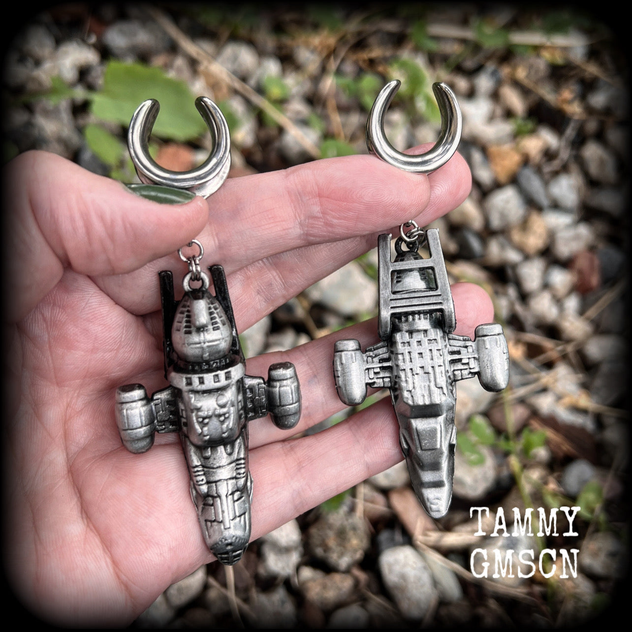 Featuring big beautiful Firefly Serenity vessel spaceships, these gauged earrings weigh approx 45 grams each and measure just over 9cms from tip to tip, a must have for any Firefly fan!

This pair has been made on 5/8” gauge (16mm) surgical steel cradles, to be worn in stretched lobes.