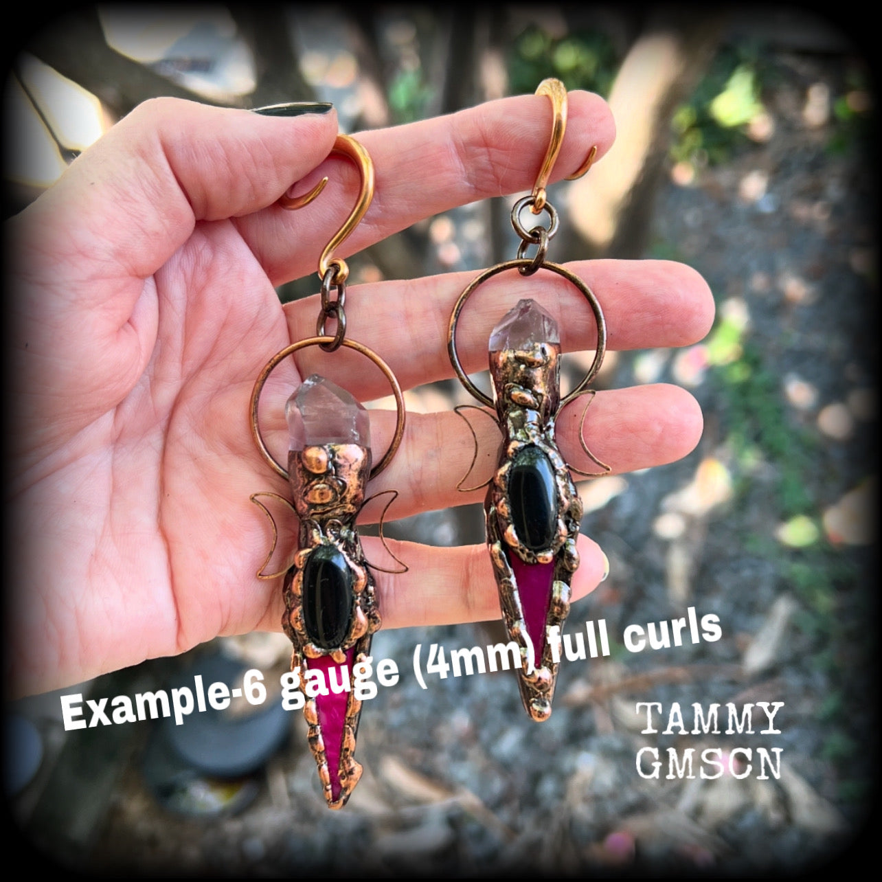 Pink quartz and black obsidian gauged earrings-Gemstone ear weights