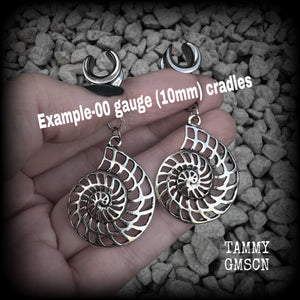 Fibonacci spiral gauged earrings-Nautilus ear hangers