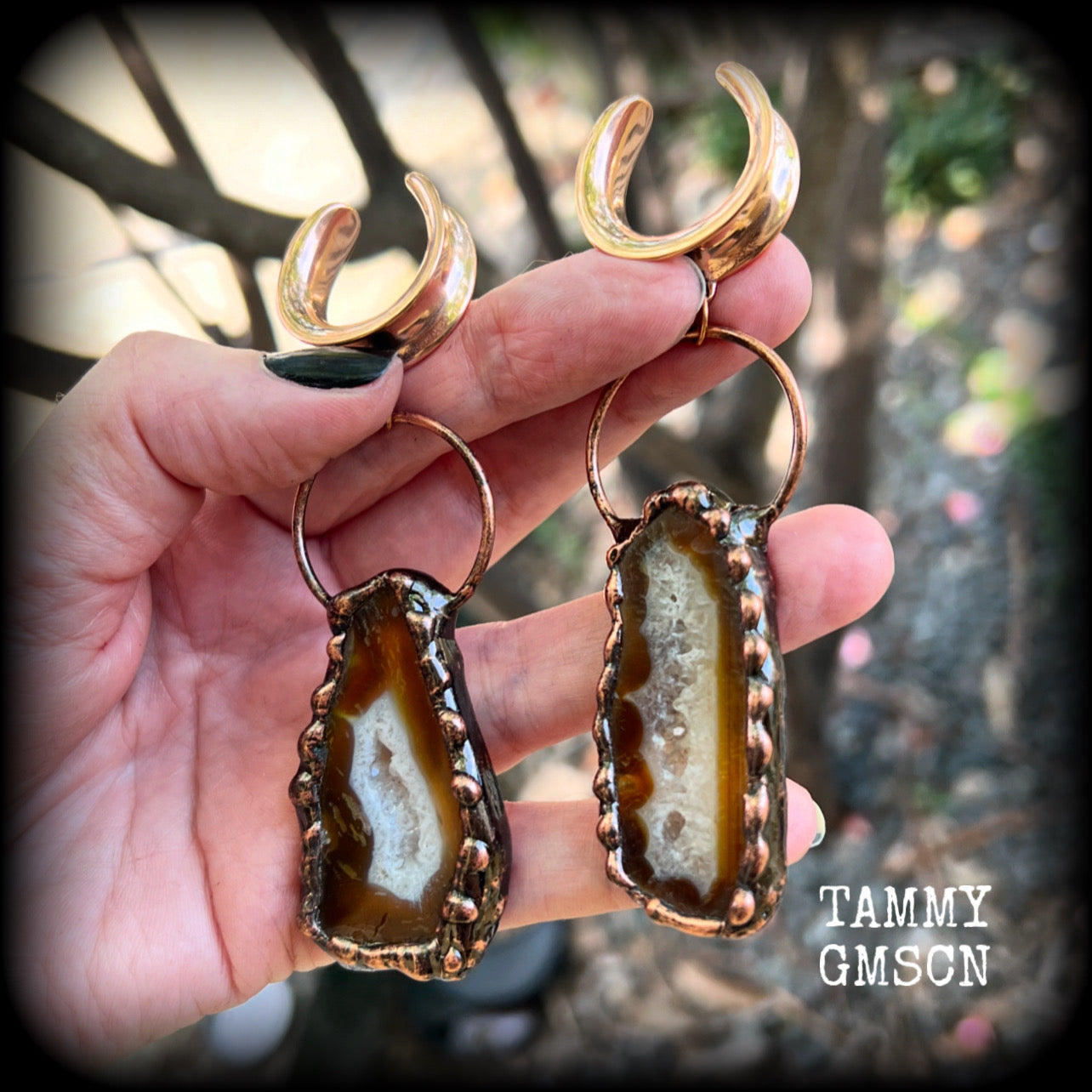 Agate geode slice gauged earrings-Gemstone ear weights