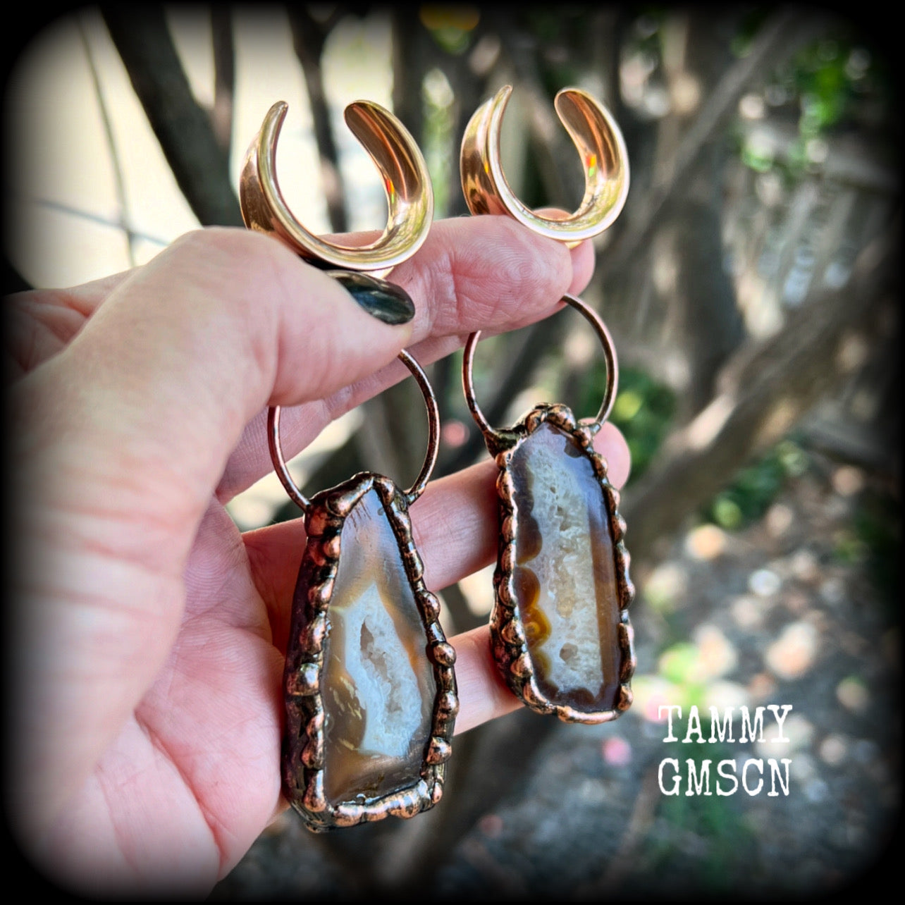 Agate geode slice gauged earrings-Gemstone ear weights