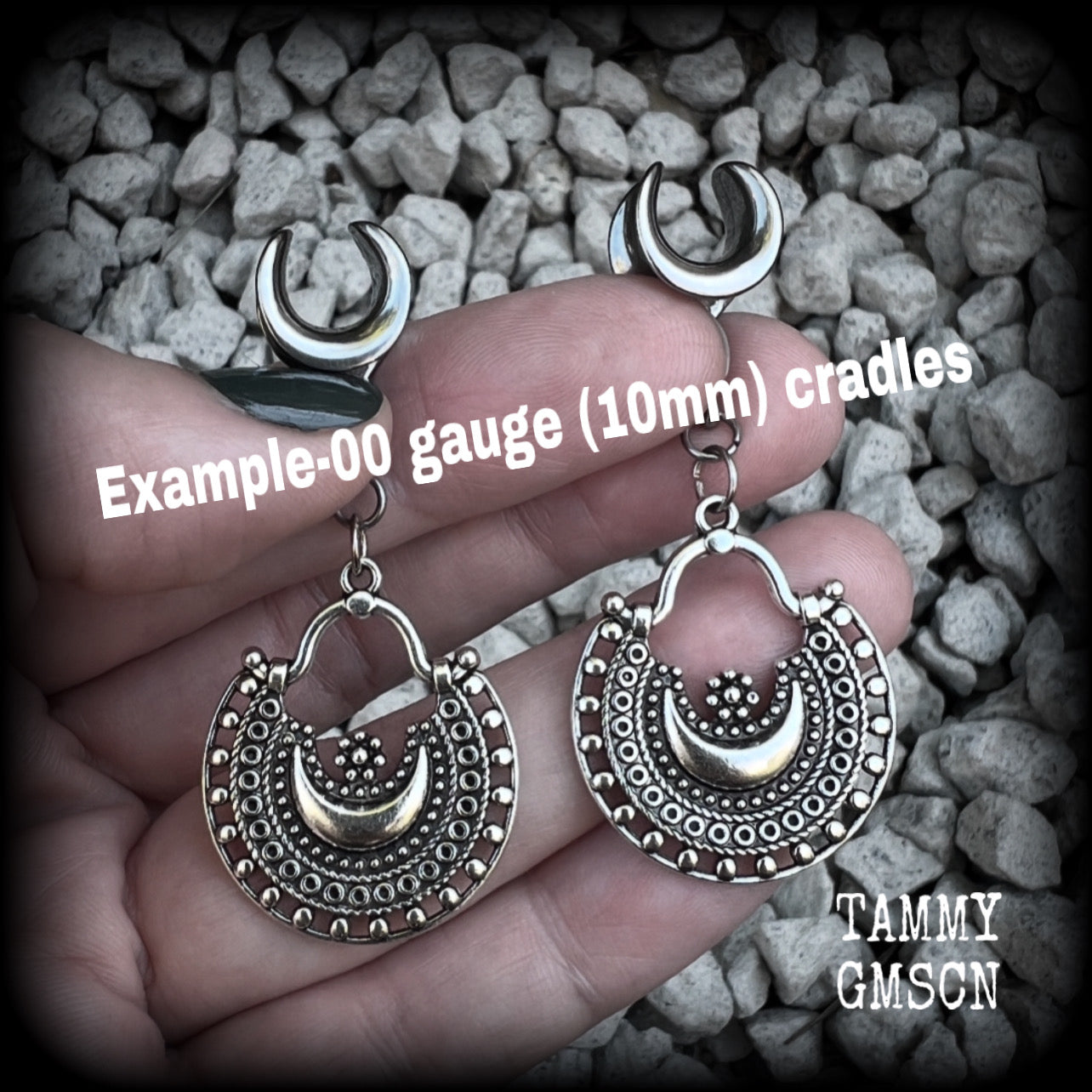 Inspired by Ishtar, Mesopotamian Goddess of love, beauty, sex and war, these beautiful ear hangers feature gorgeous boho antique silver crescent moons.  This is a lightweight pair of earrings at approx 5 grams each, and measuring just over 5.5cms from tip to tip.  This pair has been made on 00 gauge (10mm) surgical steel cradles, to be worn in stretched lobes.