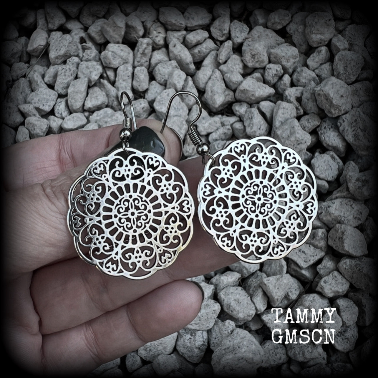 These earrings feature gorgeous antique silver mandalas, measuring just over 5cms from tip to tip, and weighing only 5 grams each.  This pair has been made with stainless steel french hooks, for pierced ears.