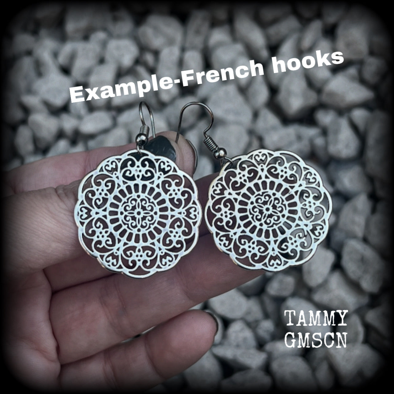 These earrings feature gorgeous antique silver mandalas, measuring just over 5cms from tip to tip, and weighing only 5 grams each.  This pair has been made with stainless steel french hooks, for pierced ears.