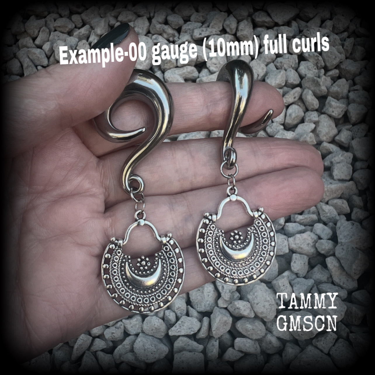 Goddess Ishtar gauged earrings-Ornate crescent moon ear hangers