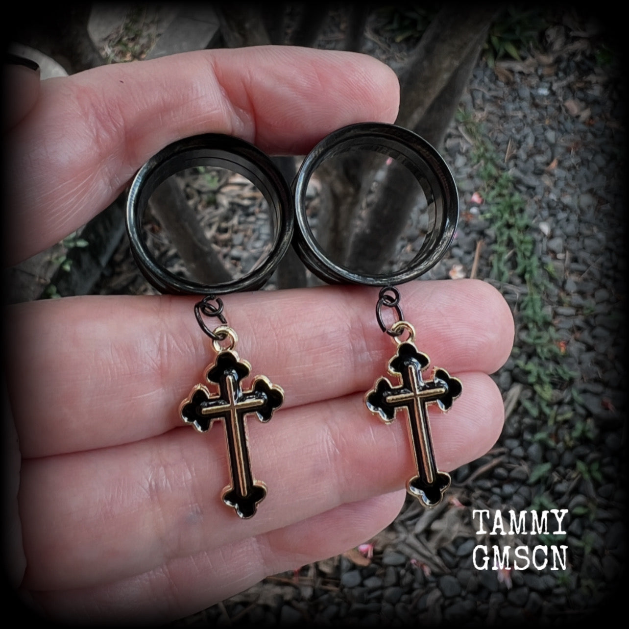 Christian cross tunnel earrings-Gothic cross ear gauges