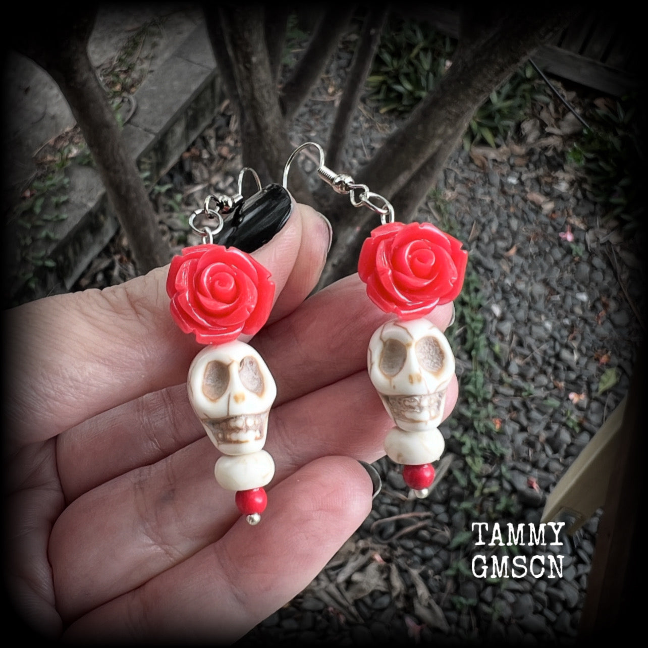 Red rose and white skull earrings-Day of the dead earrings