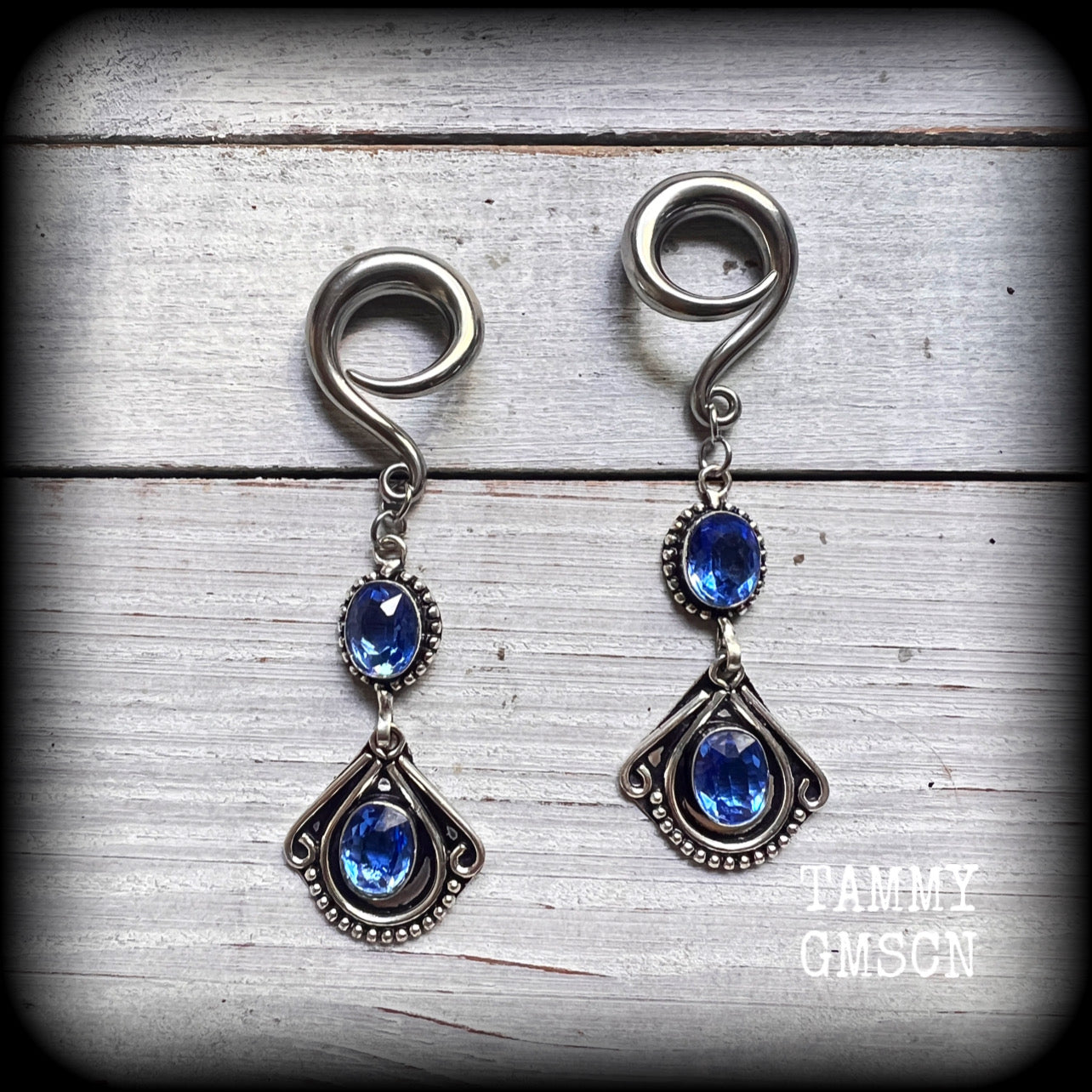 Blue topaz boho gauged earrings-Gemstone ear hangers