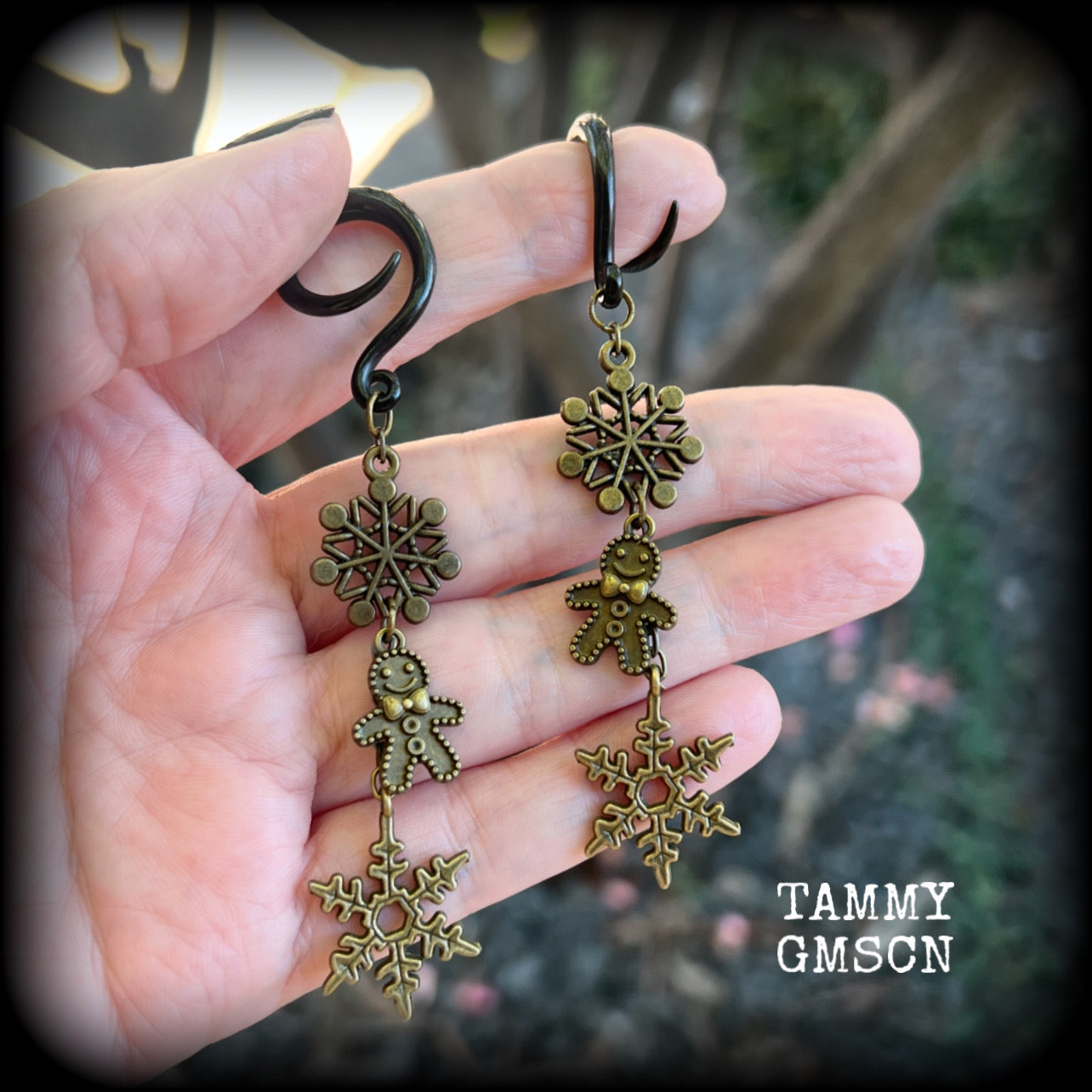 Bronze snowflake ear hangers-Gothic Christmas gauged earrings