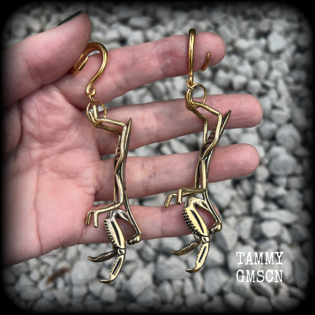 These awesome brass ear hangers feature gorgeous brass praying mantis pendants, measuring just on 10cms from tip to tip, and weighing approx 19 grams each, nice and dangly and not too heavy.

This pair has been made on 6 gauge (4mm) titanium coated surgical steel full curls, suitable for stretched lobes.