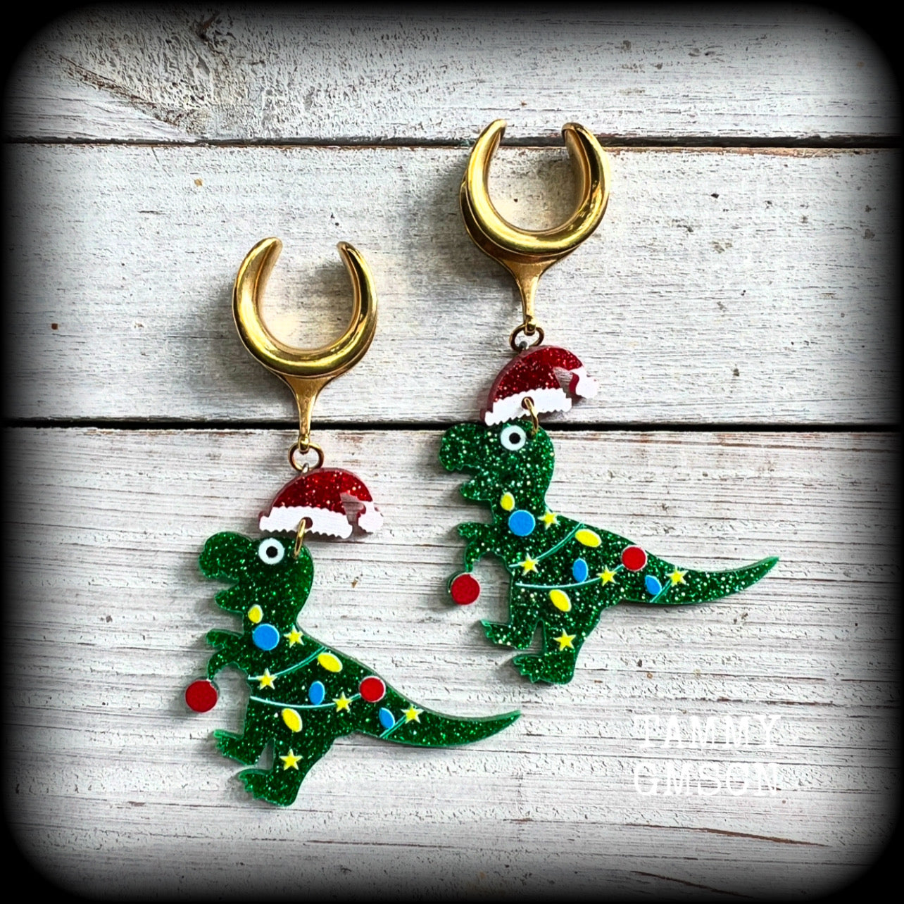 Dinosaur gauged earrings-Christmas dinosaur earrings